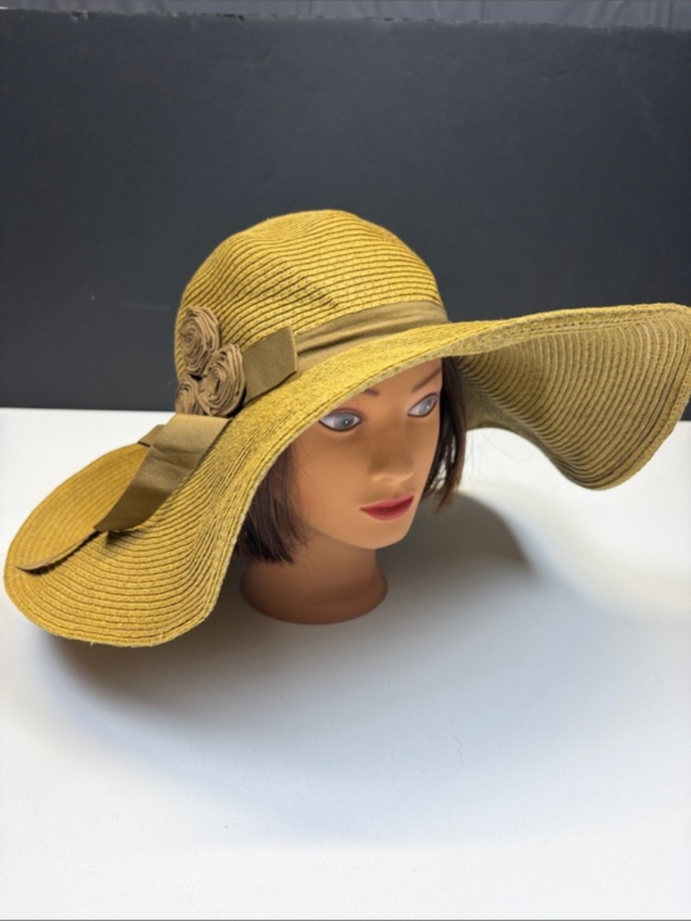 ANGELA & WILLIAM OVERSIZED FLOPPY STRAW SUN HAT ROSETTE BOW TAN OS